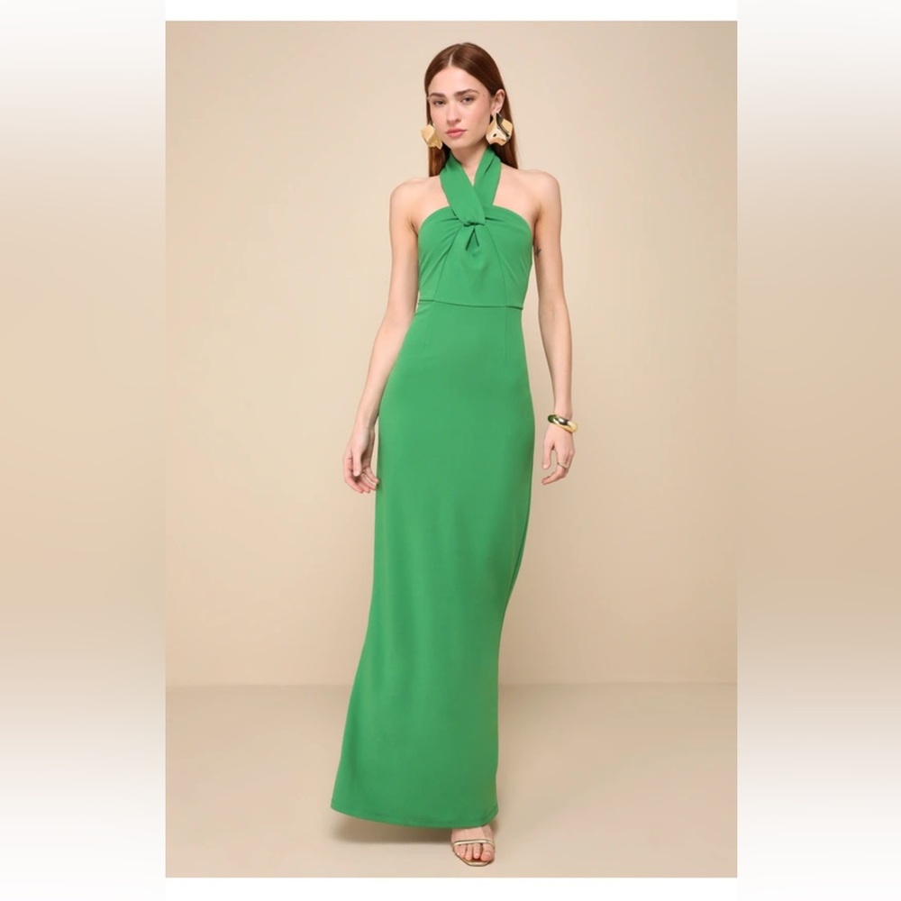 Lulus Mesmerizing Perfection Green Halter Neck
Backless Maxi Dress Size Small